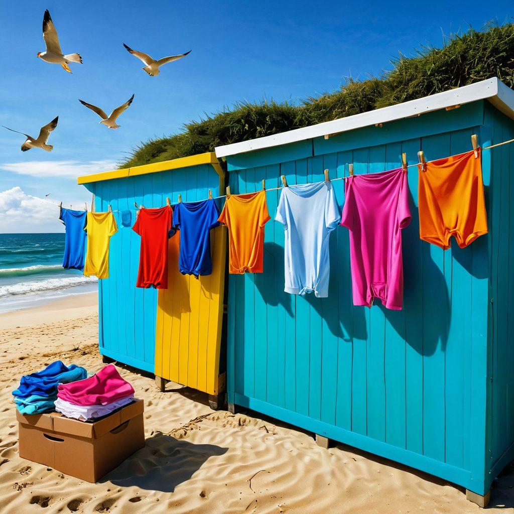 A vibrant beach scene showcasing colorful bathing suits hanging on a clothesline with boxes packed for relocation beside a cozy beach hut. In the background, clear blue waves crash onto golden sand, capturing the essence of beach life and movement. Add playful seagulls flying above and a bright sun in the cloudless sky for a lively atmosphere. super-realistic. vibrant colors. bright background.