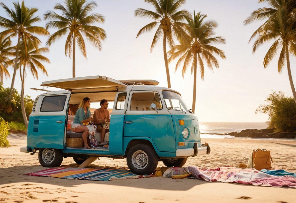 A serene beach scene featuring a couple packing their belongings into a stylish van, with sandy shores and palm trees in the background. Include beach essentials like surfboards and colorful beach towels scattered around. The couple is smiling and looking excited, symbolizing a hassle-free move. Bright sunlight casts a warm glow, enhancing the cheerful atmosphere. vibrant colors. super-realistic.