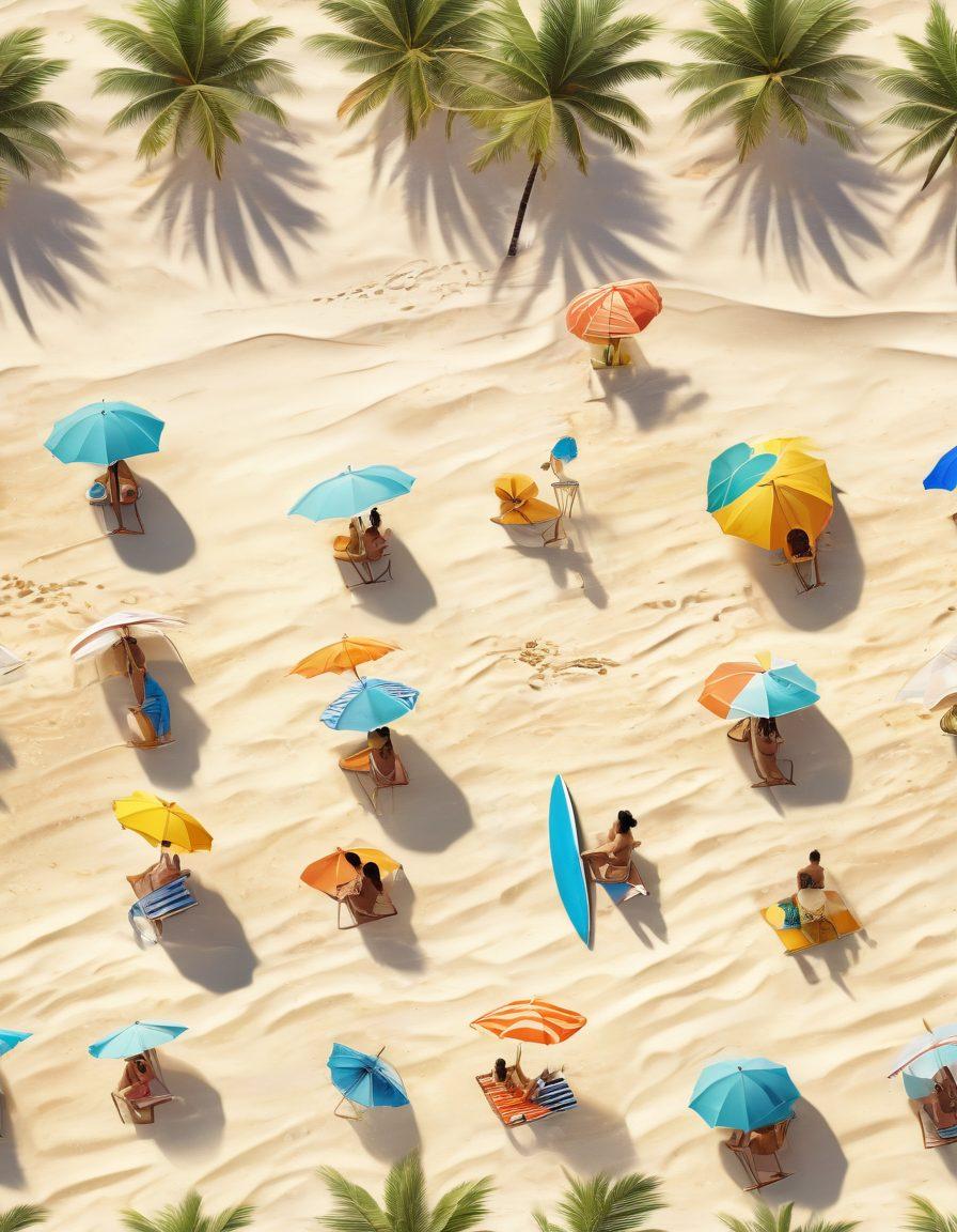 A sunny beach scene featuring a diverse group of people in stylish swimwear, enjoying the ocean waves and golden sand. Include beach umbrellas, surfboards, and palm trees in the background, with a stress-free atmosphere encapsulated by a smiling family and friends preparing for a beach day. Add vibrant colors to enhance the lively environment. super-realistic. vibrant colors. tropical vibe.